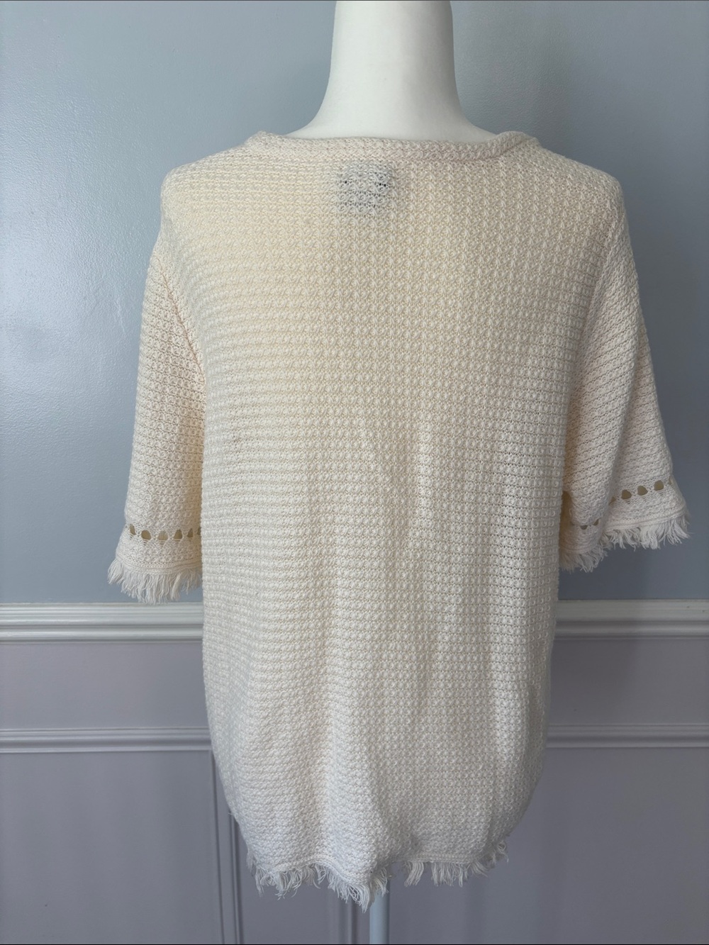 J. Crew Cream Fringe Short-Sleeve Knit Sweater Sz XL Boho Retro Western Knit - Picture 8 of 12